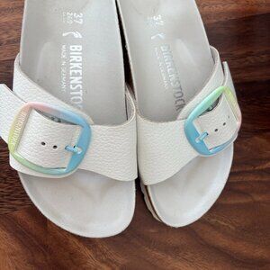 BIRKENSTOCK Madrid Big Buckle • rainbow buckle • white leather • 6.5
